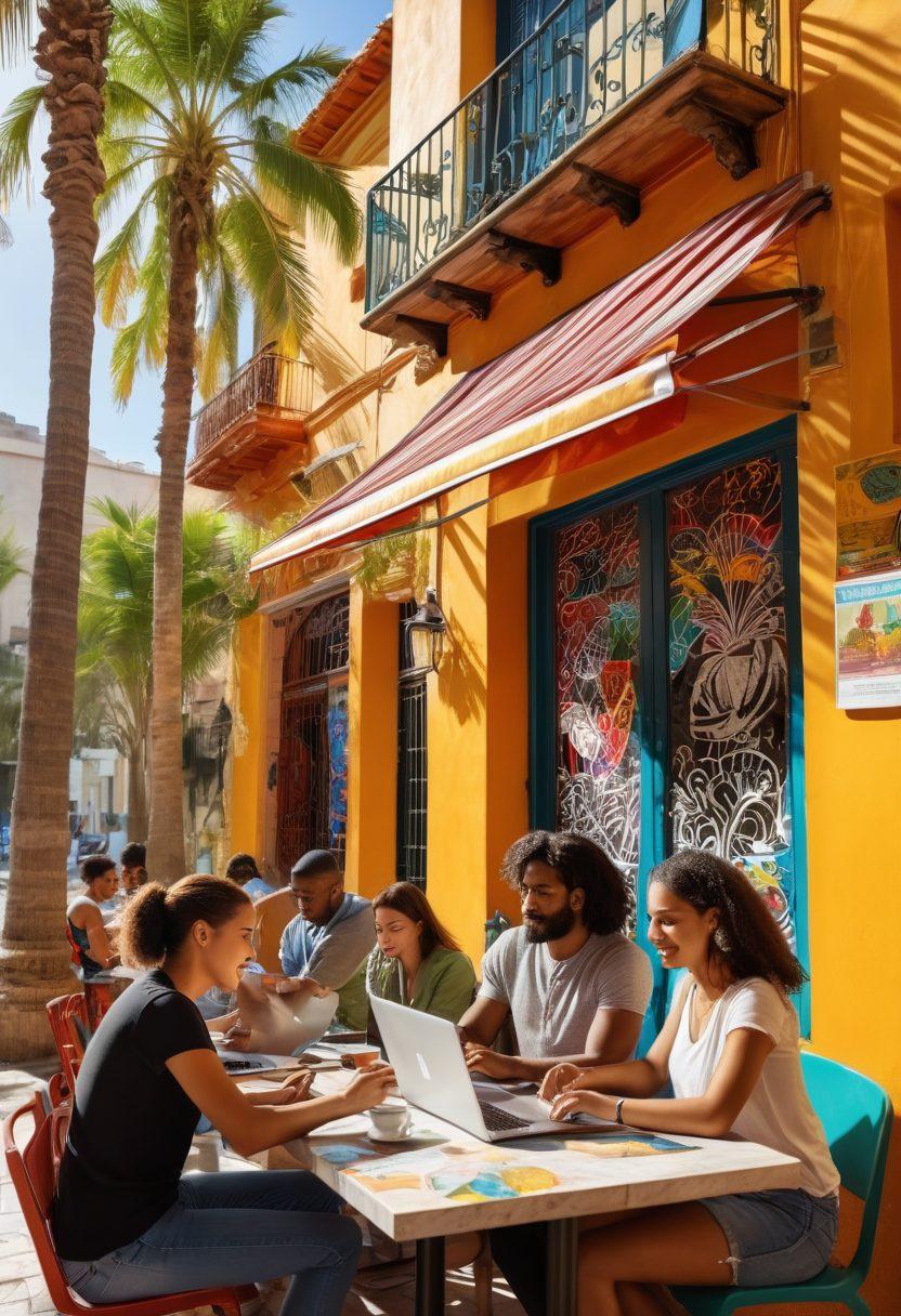 A diverse group of remote workers collaborating on laptops in a sunlit Spanish café, surrounded by vibrant street art and palm trees. Include elements symbolizing flexibility, such as a globe, maps, and coffee cups. Capture a lively atmosphere with people from various cultures engaged in discussions. super-realistic. vibrant colors. outdoor setting.