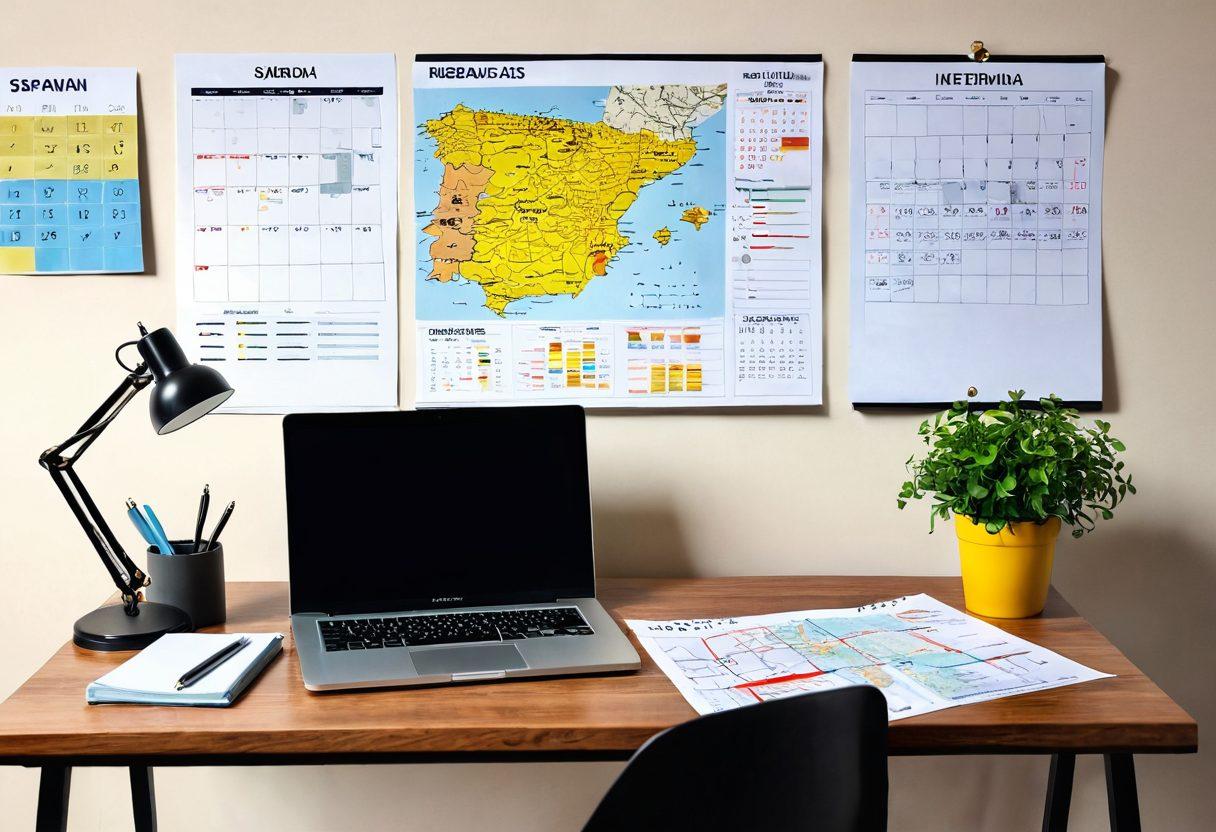 A modern workspace featuring a well-organized desk with a laptop open to a job search website, a neatly arranged CV and a pen beside it. A calendar showing important interview dates hangs on the wall, and a map of Spain is prominently displayed as a motivational backdrop. The scene captures a feeling of determination and professionalism. bright colors. 3D.