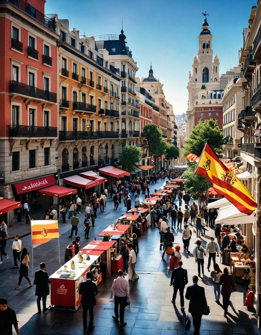 A vibrant cityscape of Madrid highlighting job seekers interacting with businesses, featuring a diverse group of professionals networking, with prominent job fair booths in the background. Include elements like a Spanish flag, bustling streets, and people exchanging resumes. super-realistic. dynamic colors. modern style.